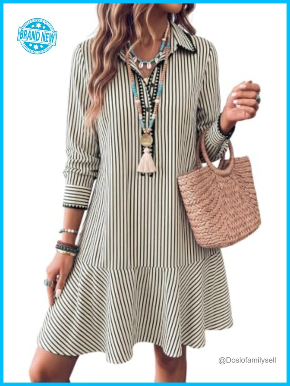 Striped Button Embroidered Ruffle Hem Mini Dress Long Puff Sleeve Casual